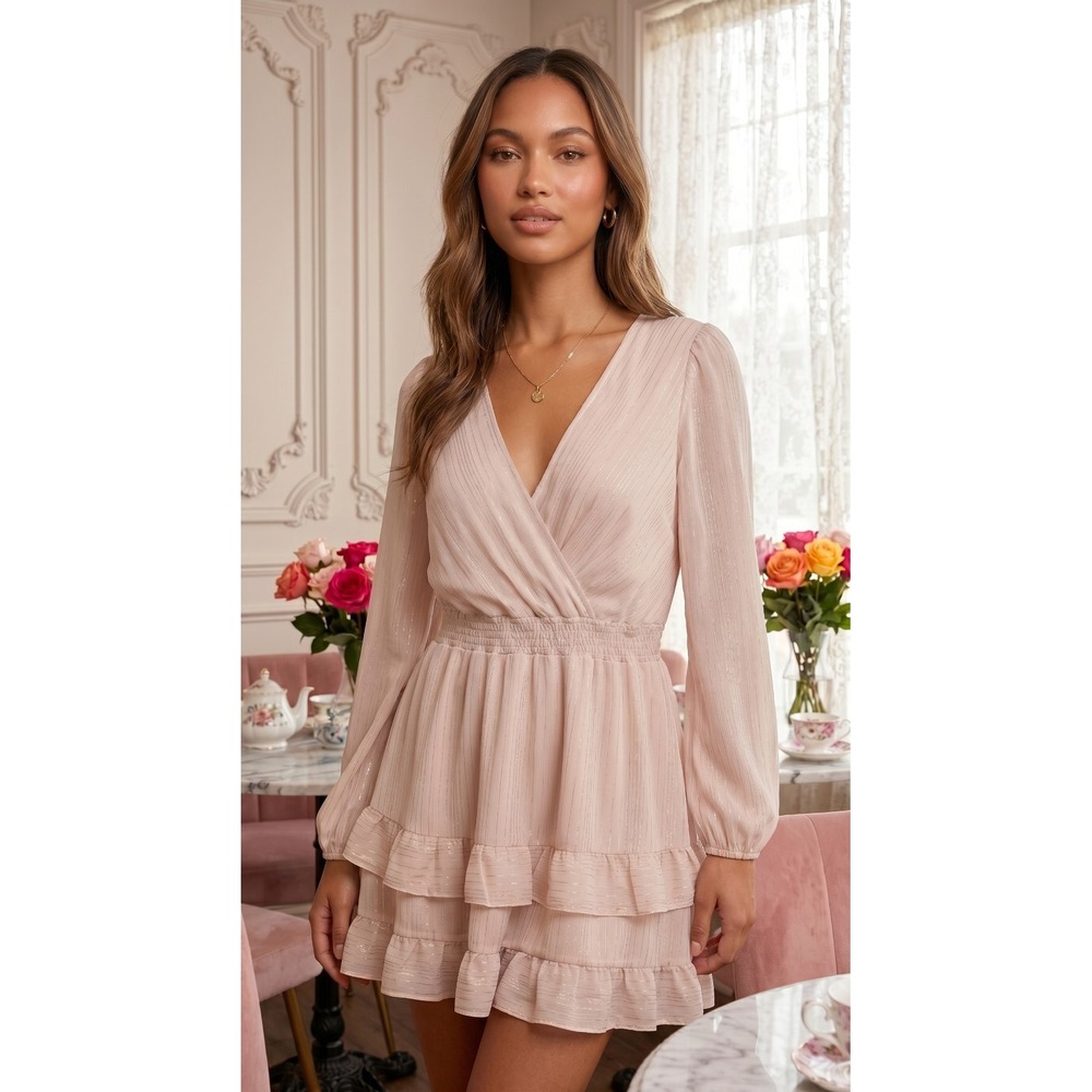 Altard State Ruffle Mini Dress Womens M Long Sleeve Beige Gold V-Neck